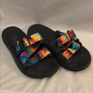 Chaco Black Slides with Rainbow Tie-Dye Straps